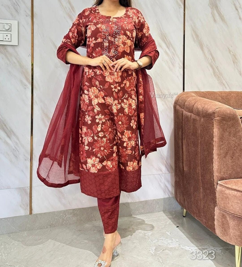 Maroon Straight Cut Salwar Kameez – Readymade Formal Party Suit for Women - 001FASHIONFORWARD