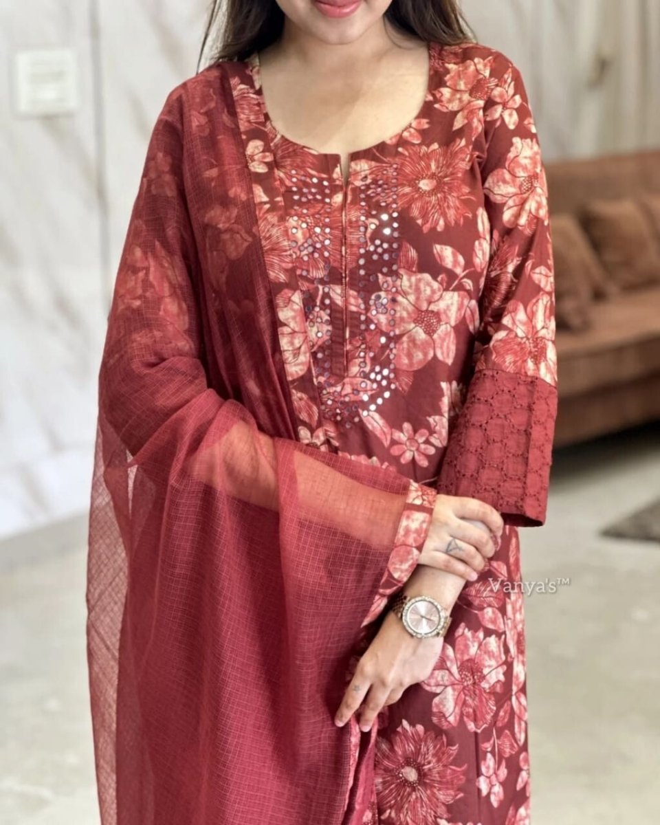 Maroon Straight Cut Salwar Kameez – Readymade Formal Party Suit for Women - 001FASHIONFORWARD