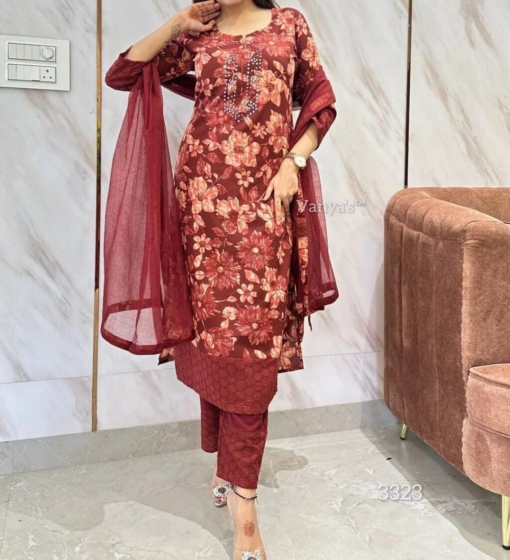 Maroon Straight Cut Salwar Kameez – Readymade Formal Party Suit for Women - 001FASHIONFORWARD