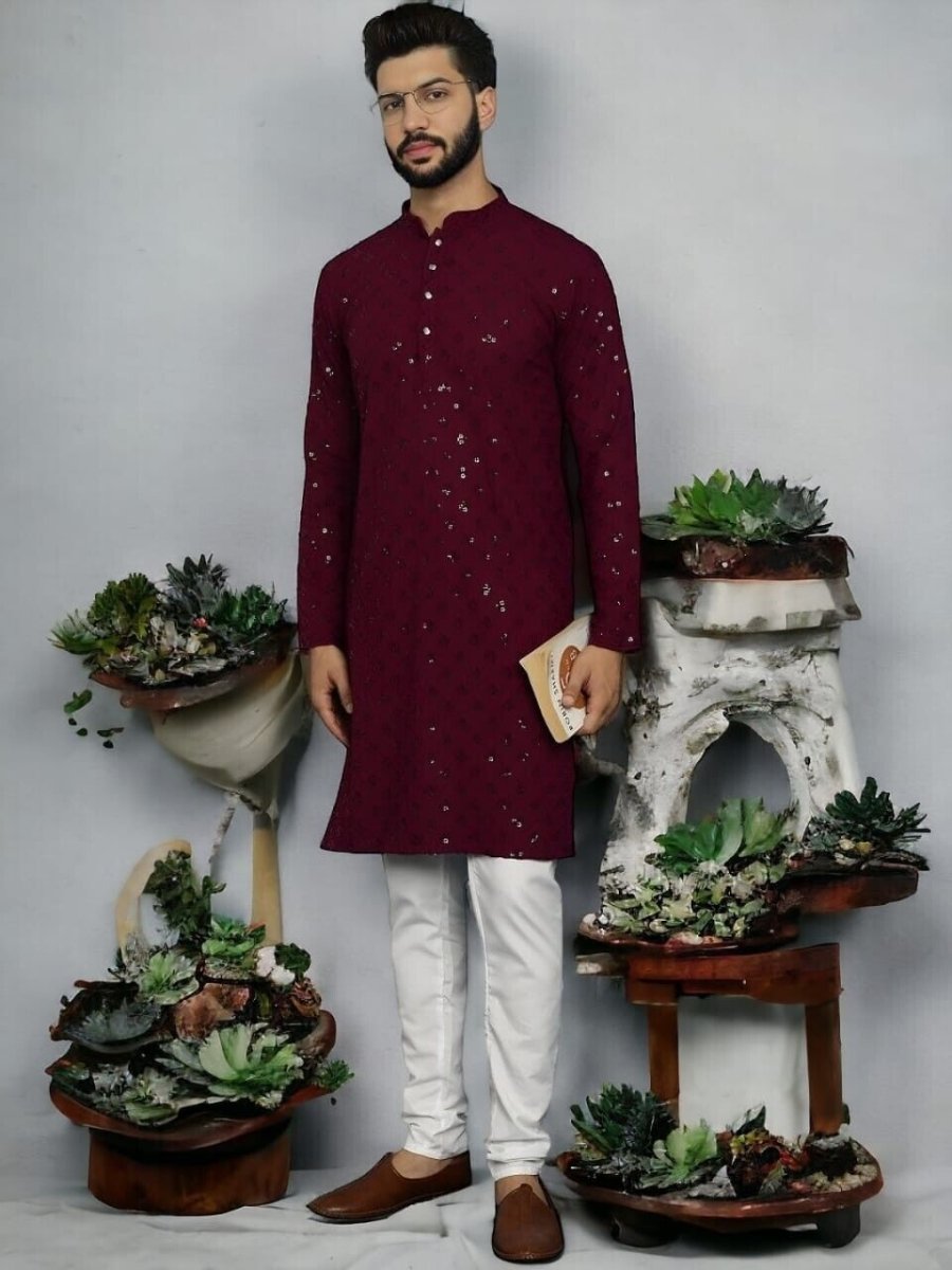 Marron Wedding Indian Party Wear Pure Cotton Men’s Long Kurta Pajama Kurta EId - 001FASHIONFORWARD