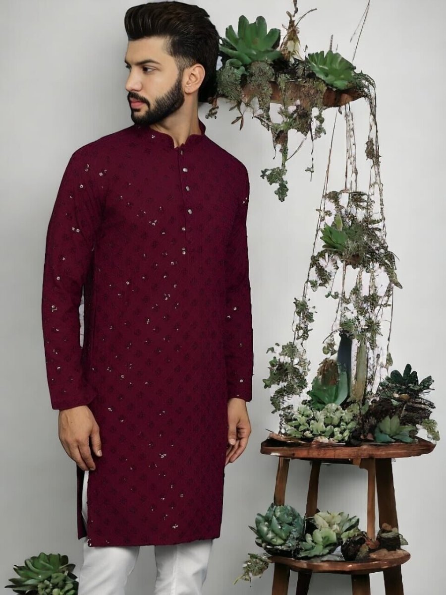 Marron Wedding Indian Party Wear Pure Cotton Men’s Long Kurta Pajama Kurta EId - 001FASHIONFORWARD