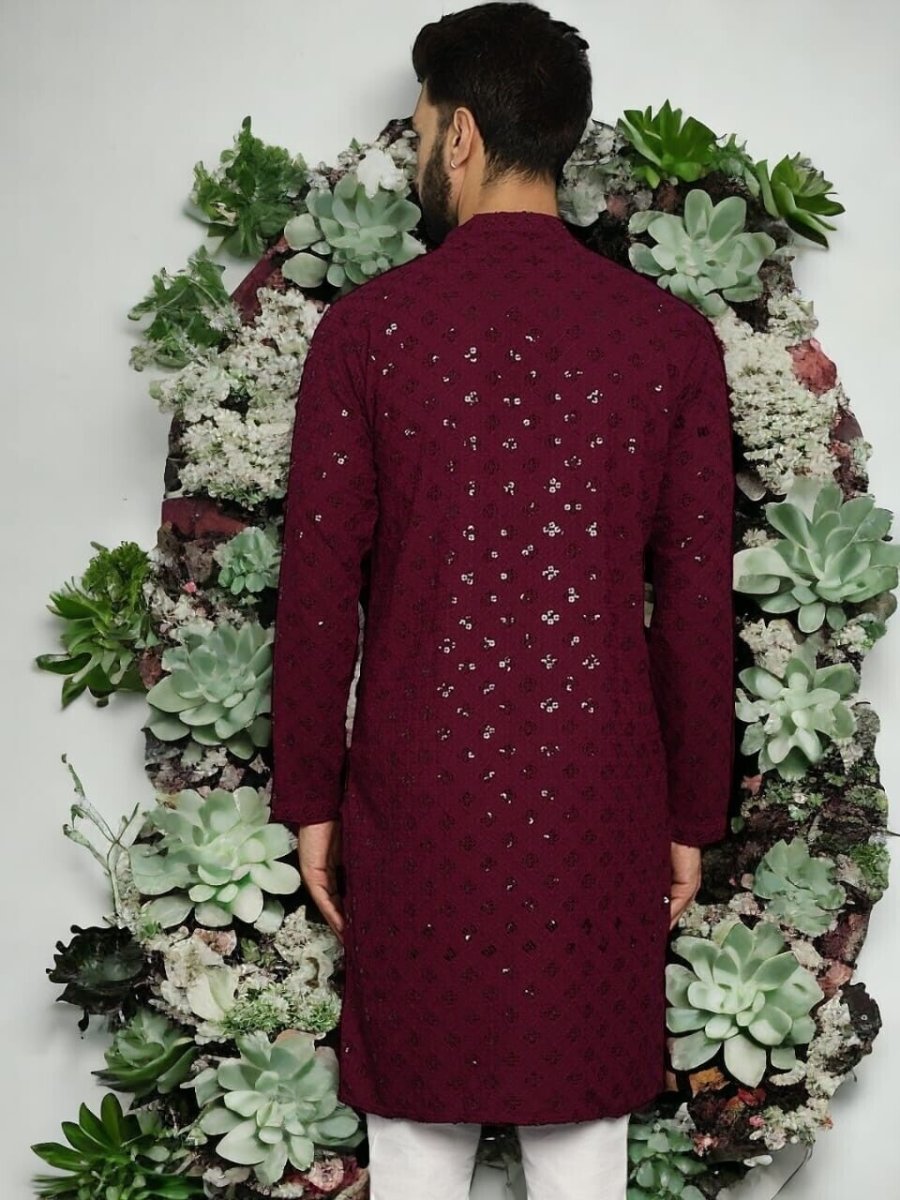 Marron Wedding Indian Party Wear Pure Cotton Men’s Long Kurta Pajama Kurta EId - 001FASHIONFORWARD