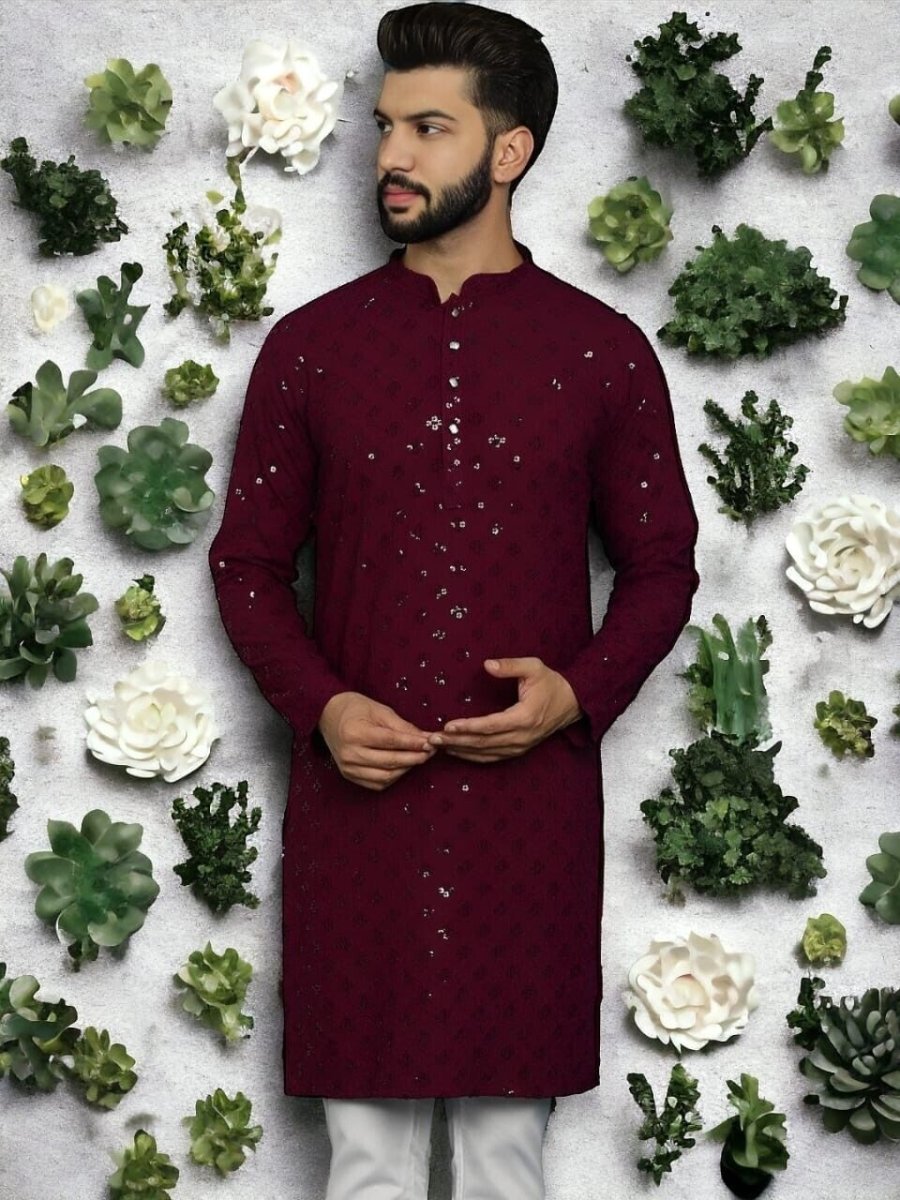 Marron Wedding Indian Party Wear Pure Cotton Men’s Long Kurta Pajama Kurta EId - 001FASHIONFORWARD