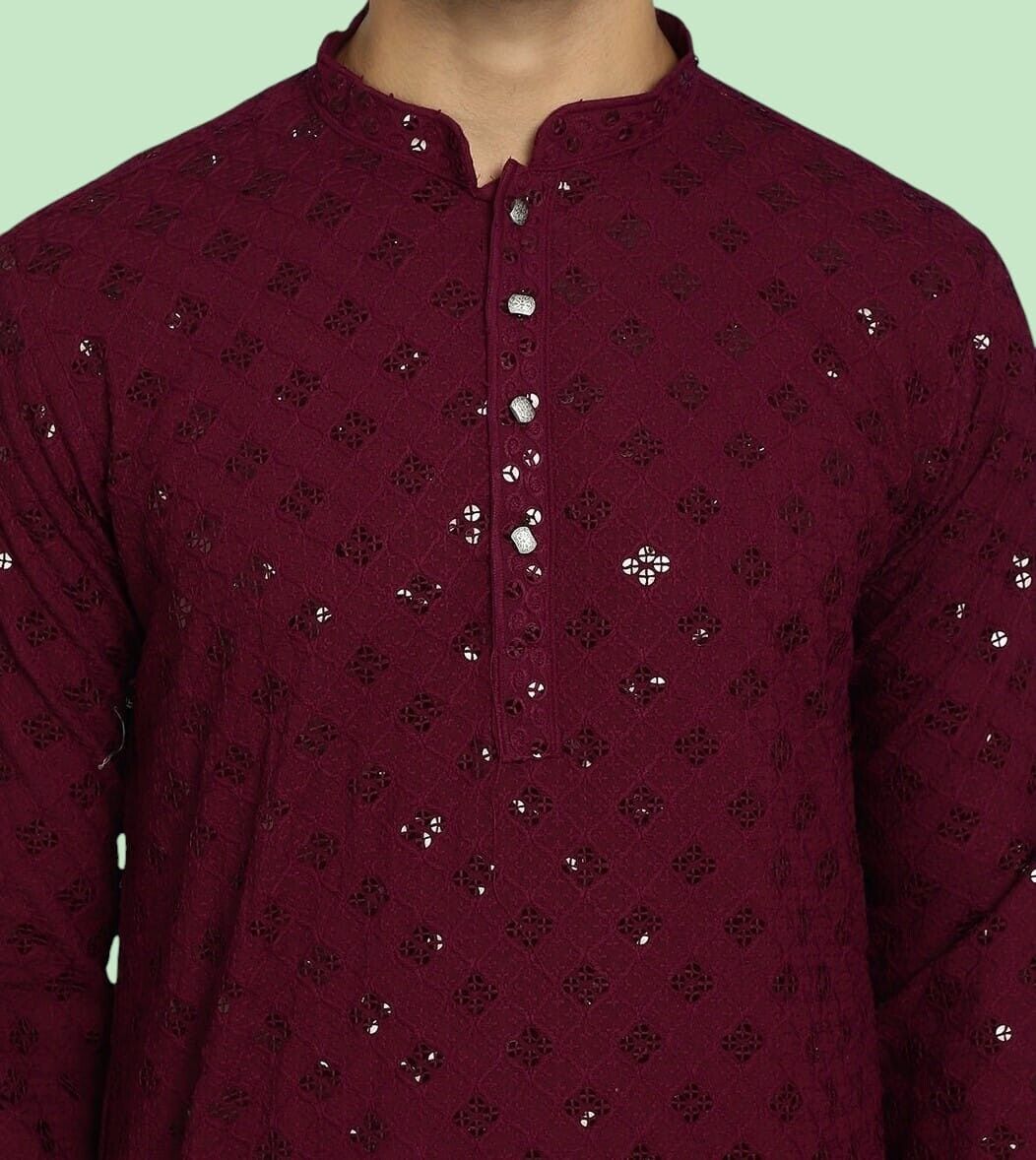 Marron Wedding Indian Party Wear Pure Cotton Men’s Long Kurta Pajama Kurta EId - 001FASHIONFORWARD
