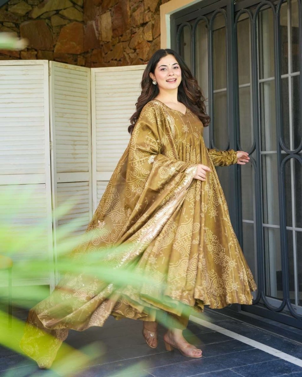 Mehandi Haldi Crafted Georgette Anarkali Gown Suit With Pant & Duppatta - 001FASHIONFORWARD