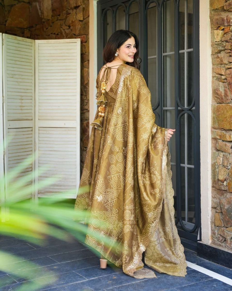 Mehandi Haldi Crafted Georgette Anarkali Gown Suit With Pant & Duppatta - 001FASHIONFORWARD
