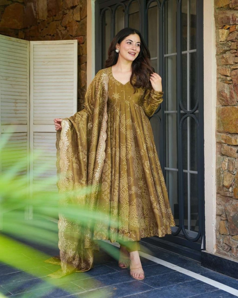 Mehandi Haldi Crafted Georgette Anarkali Gown Suit With Pant & Duppatta - 001FASHIONFORWARD