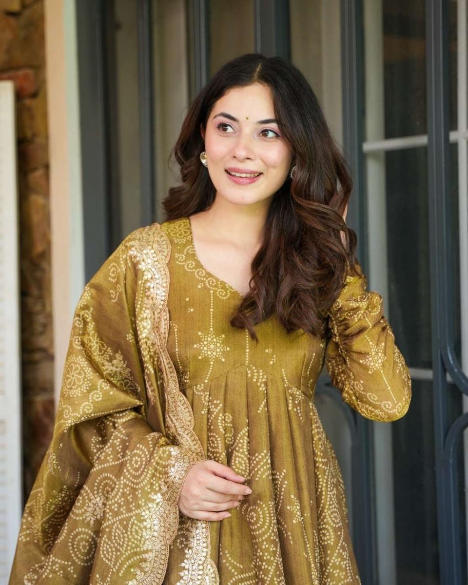 Mehandi Haldi Crafted Georgette Anarkali Gown Suit With Pant & Duppatta - 001FASHIONFORWARD