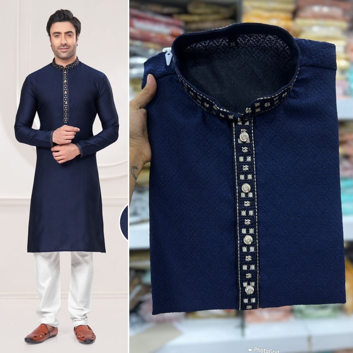 Men's Black Long Silk Kurta Pajama Indian Wedding 2 Piece Set Wedding Kurta - 001FASHIONFORWARD