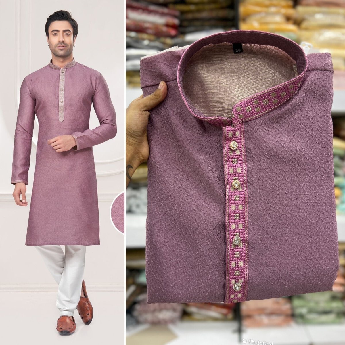 Men's Black Long Silk Kurta Pajama Indian Wedding 2 Piece Set Wedding Kurta - 001FASHIONFORWARD