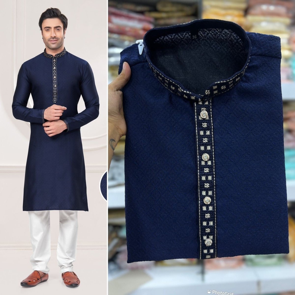 Men's Black Long Silk Kurta Pajama Indian Wedding 2 Piece Set Wedding Kurta - 001FASHIONFORWARD