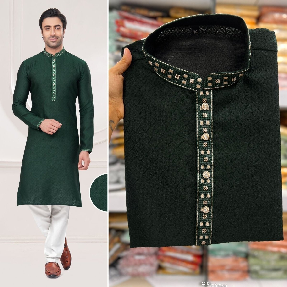 Men's Black Long Silk Kurta Pajama Indian Wedding 2 Piece Set Wedding Kurta - 001FASHIONFORWARD