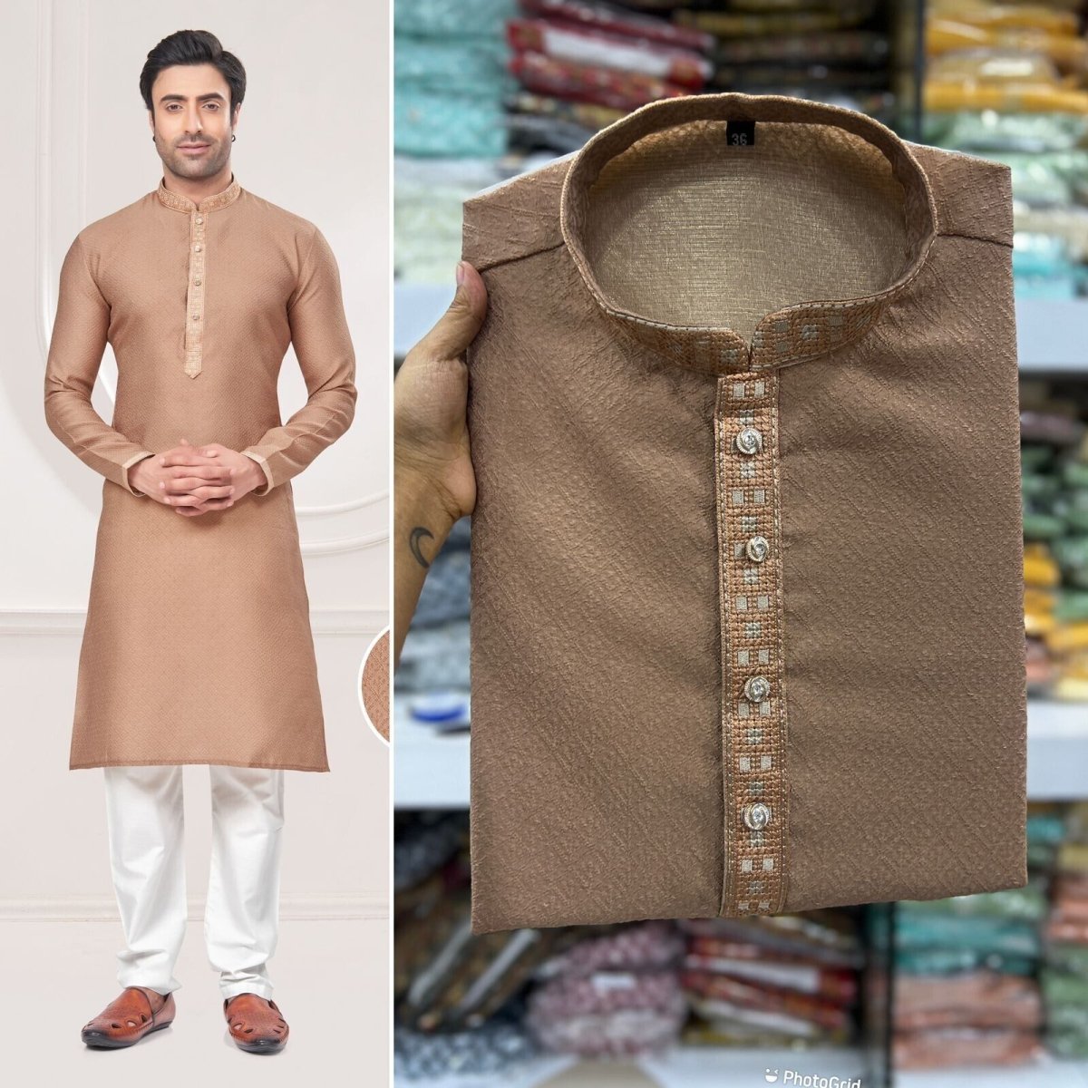 Men's Black Long Silk Kurta Pajama Indian Wedding 2 Piece Set Wedding Kurta - 001FASHIONFORWARD