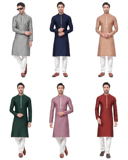 Men's Black Long Silk Kurta Pajama Indian Wedding 2 Piece Set Wedding Kurta - 001FASHIONFORWARD