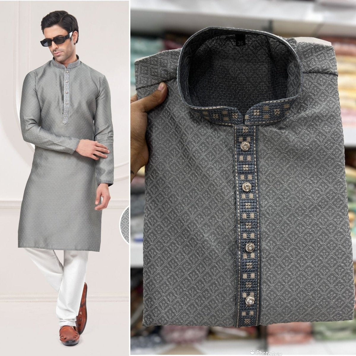 Men's Black Long Silk Kurta Pajama Indian Wedding 2 Piece Set Wedding Kurta - 001FASHIONFORWARD
