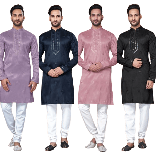 Men's Black Tunic Art Silk Long Kurta Pajama Indian Wedding Set Wedding Kurta - 001FASHIONFORWARD