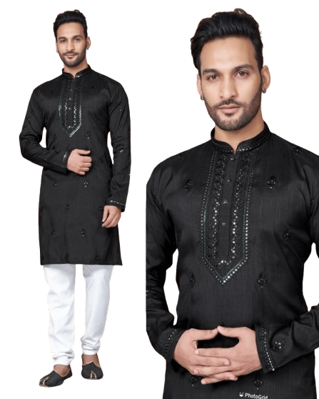 Men's Black Tunic Art Silk Long Kurta Pajama Indian Wedding Set Wedding Kurta - 001FASHIONFORWARD