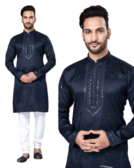 Men's Black Tunic Art Silk Long Kurta Pajama Indian Wedding Set Wedding Kurta - 001FASHIONFORWARD