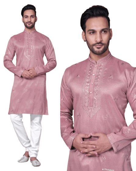 Men's Black Tunic Art Silk Long Kurta Pajama Indian Wedding Set Wedding Kurta - 001FASHIONFORWARD