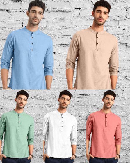 Men's Casual Sleeve T-Shirt Short Islamic Clothing Short Kurta Tee Linen Shirt - 001FASHIONFORWARD