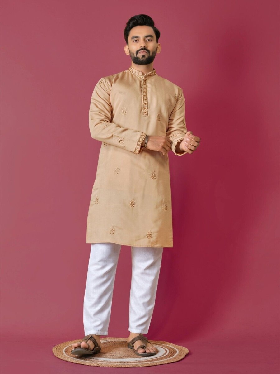Men's Wedding Kurta with Embroidery & Long Cotton Pajama - Silk Bandhani - 001FASHIONFORWARD