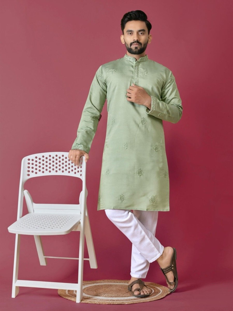 Men's Wedding Kurta with Embroidery & Long Cotton Pajama - Silk Bandhani - 001FASHIONFORWARD