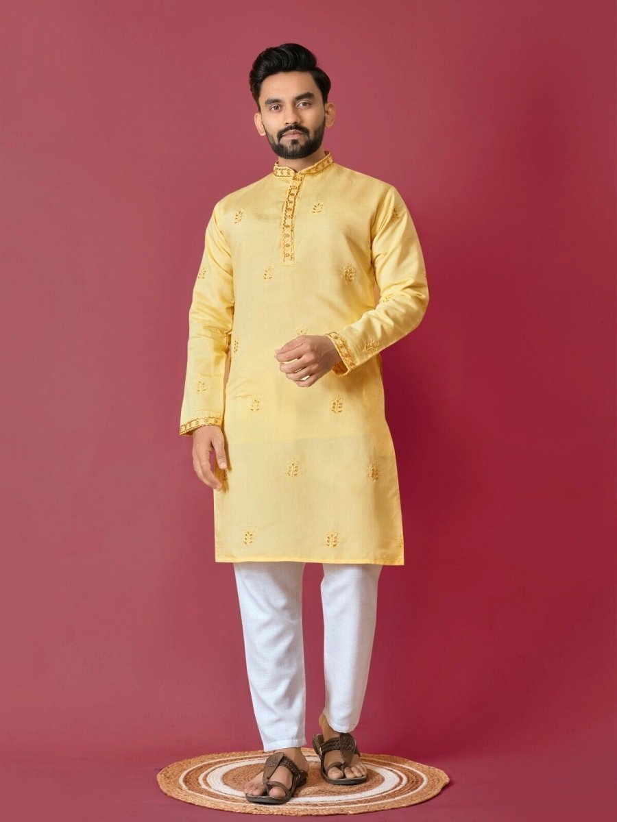 Men's Wedding Kurta with Embroidery & Long Cotton Pajama - Silk Bandhani - 001FASHIONFORWARD