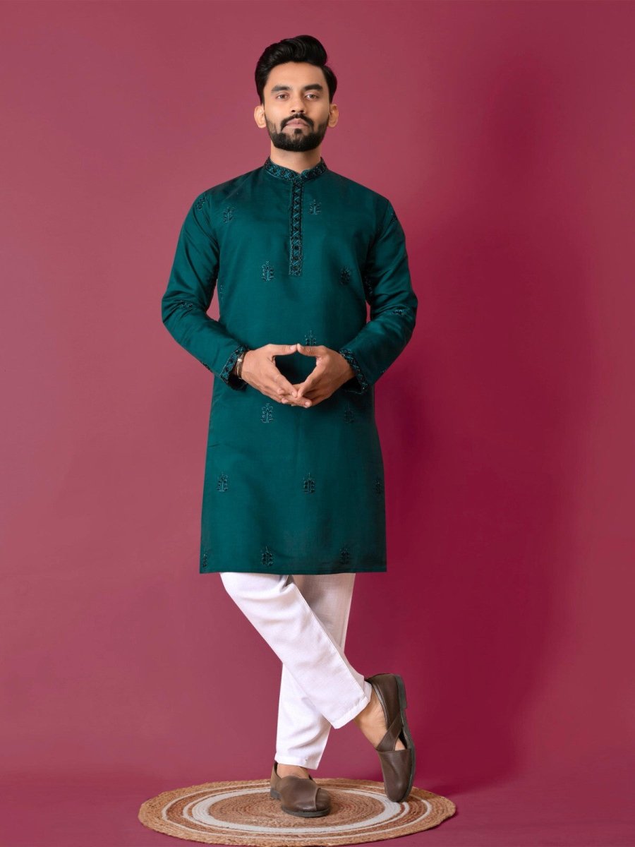 Men's Wedding Kurta with Embroidery & Long Cotton Pajama - Silk Bandhani - 001FASHIONFORWARD