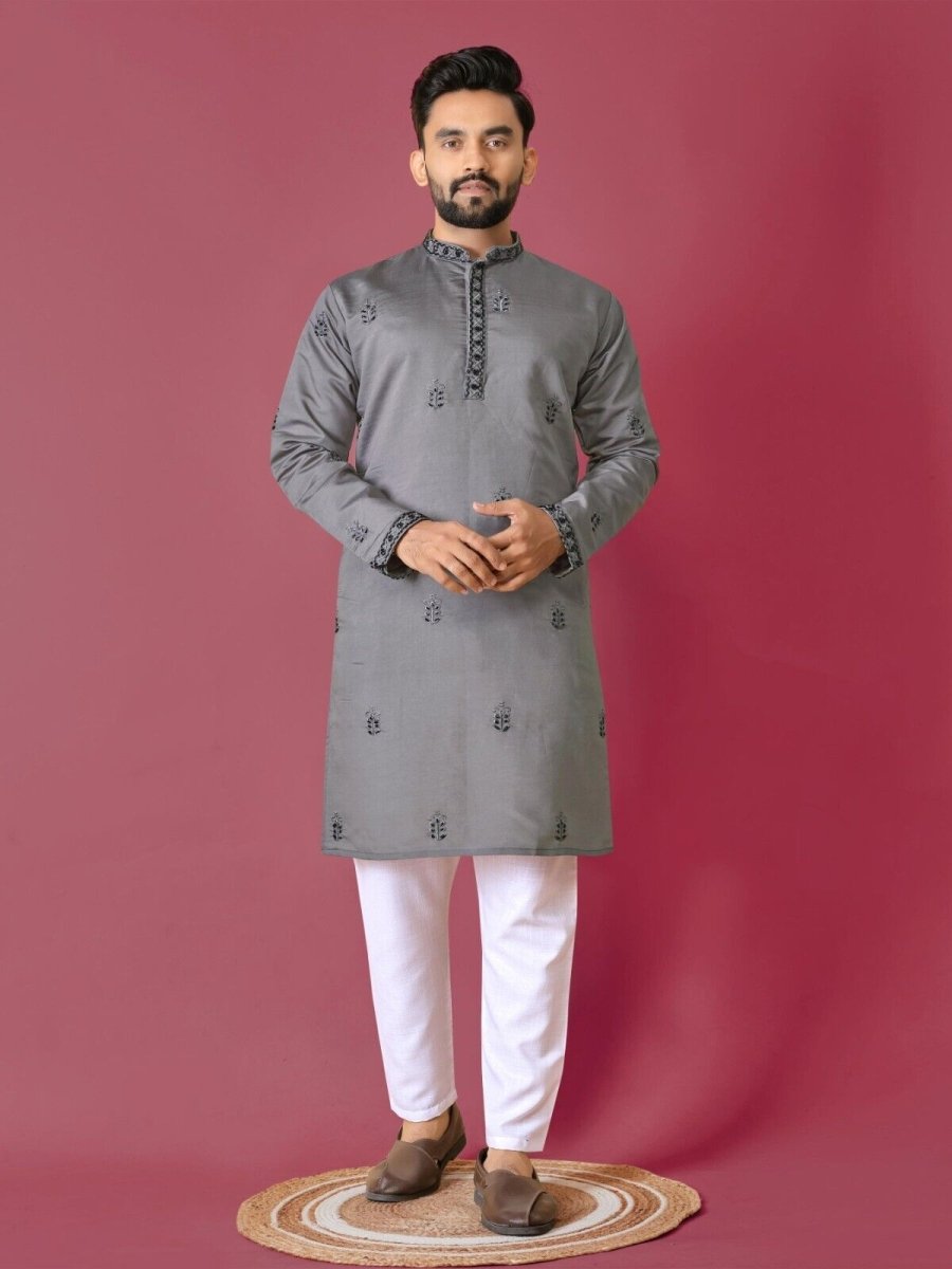 Men's Wedding Kurta with Embroidery & Long Cotton Pajama - Silk Bandhani - 001FASHIONFORWARD