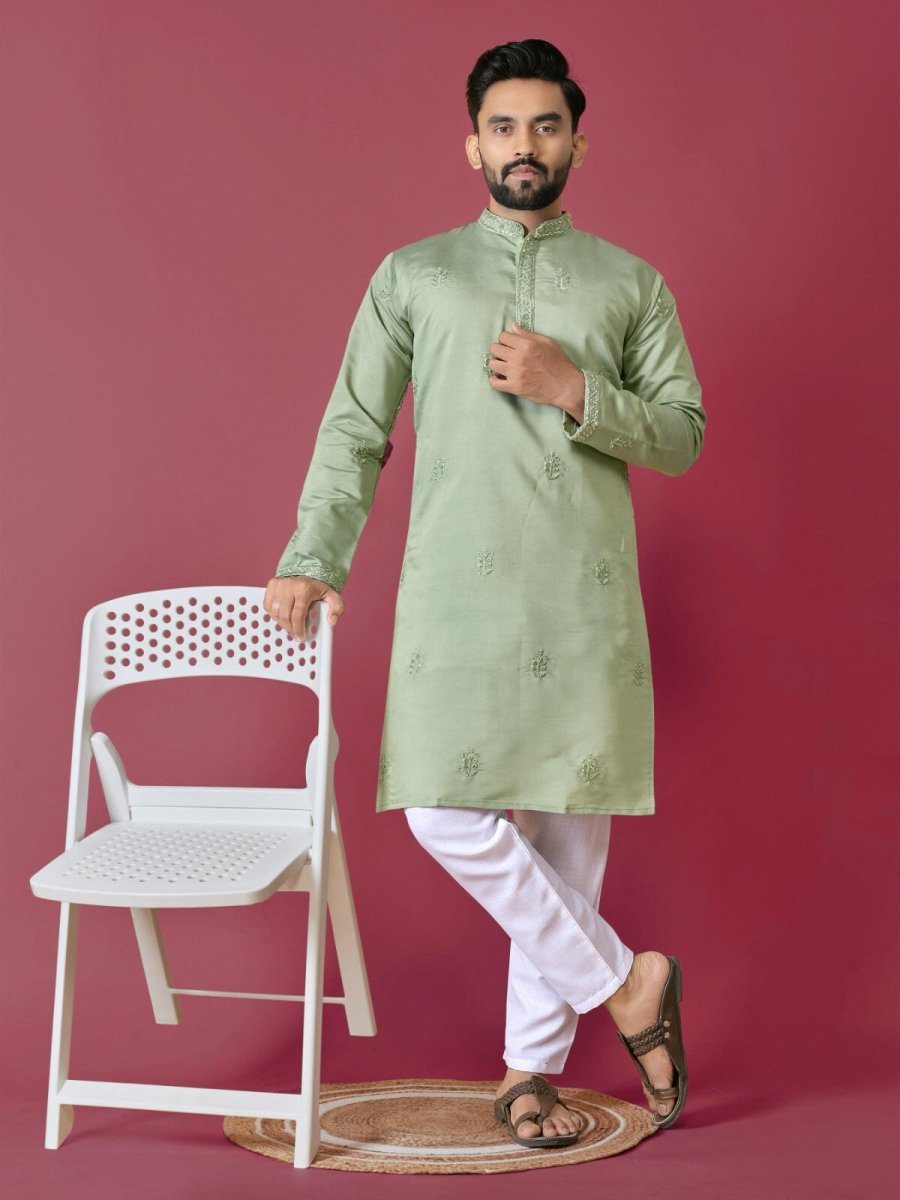 Men's Wedding Kurta with Embroidery & Long Cotton Pajama - Silk Bandhani - 001FASHIONFORWARD