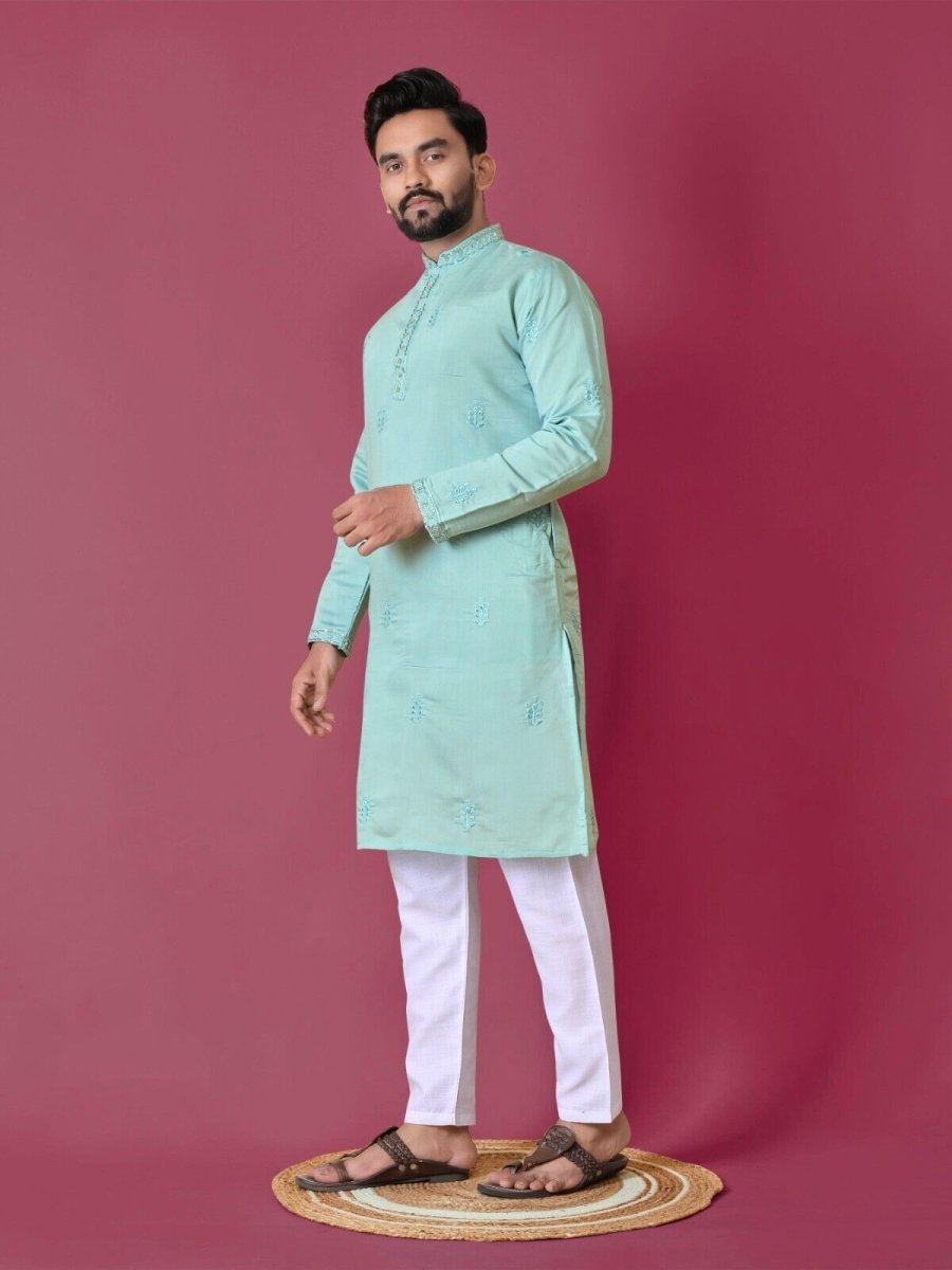 Men's Wedding Kurta with Embroidery & Long Cotton Pajama - Silk Bandhani - 001FASHIONFORWARD
