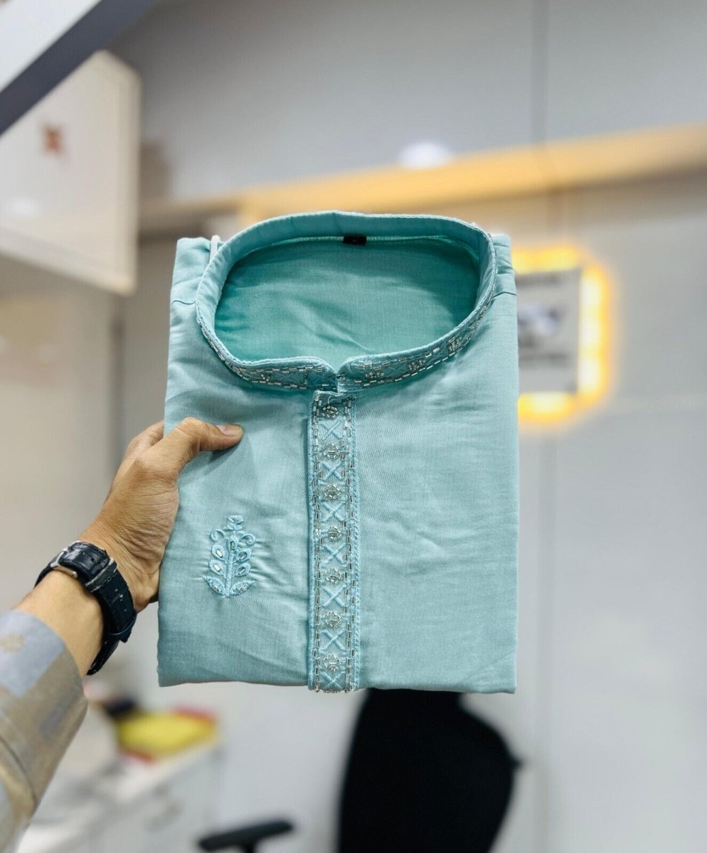 Men's Wedding Kurta with Embroidery & Long Cotton Pajama - Silk Bandhani - 001FASHIONFORWARD