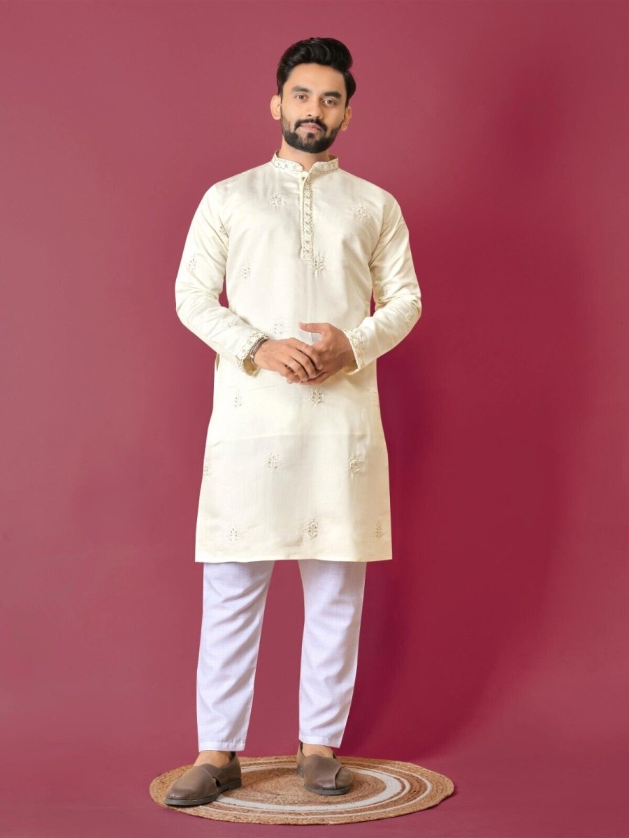 Men's Wedding Kurta with Embroidery & Long Cotton Pajama - Silk Bandhani - 001FASHIONFORWARD