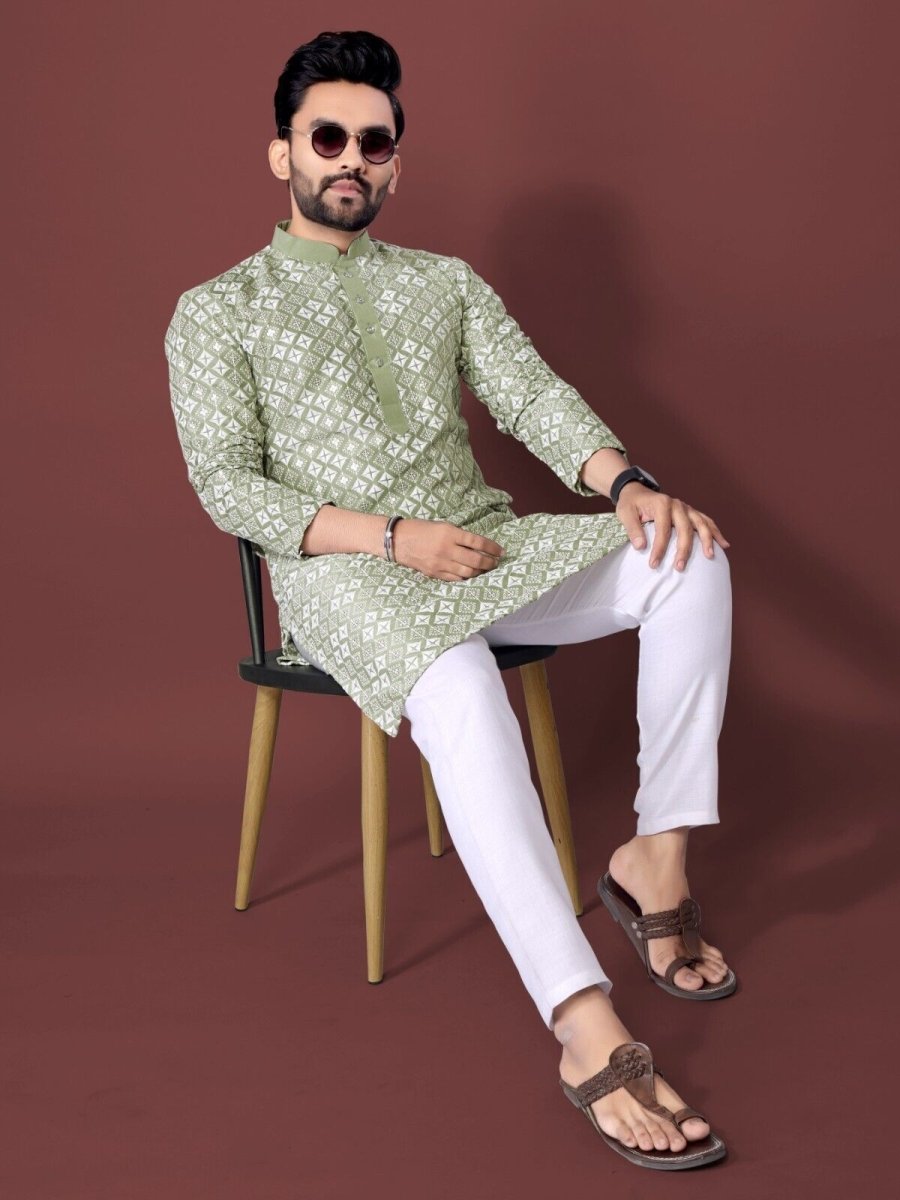 Mens Wedding Wear Designer Traditional Ethnic Wear Cotton Long Kurta Payjama - 001FASHIONFORWARD