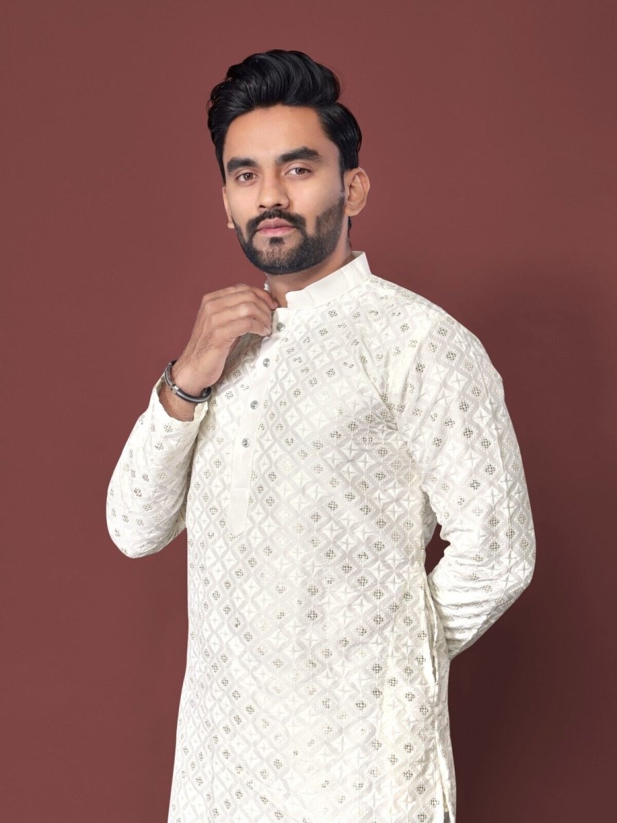 Mens Wedding Wear Designer Traditional Ethnic Wear Cotton Long Kurta Payjama - 001FASHIONFORWARD