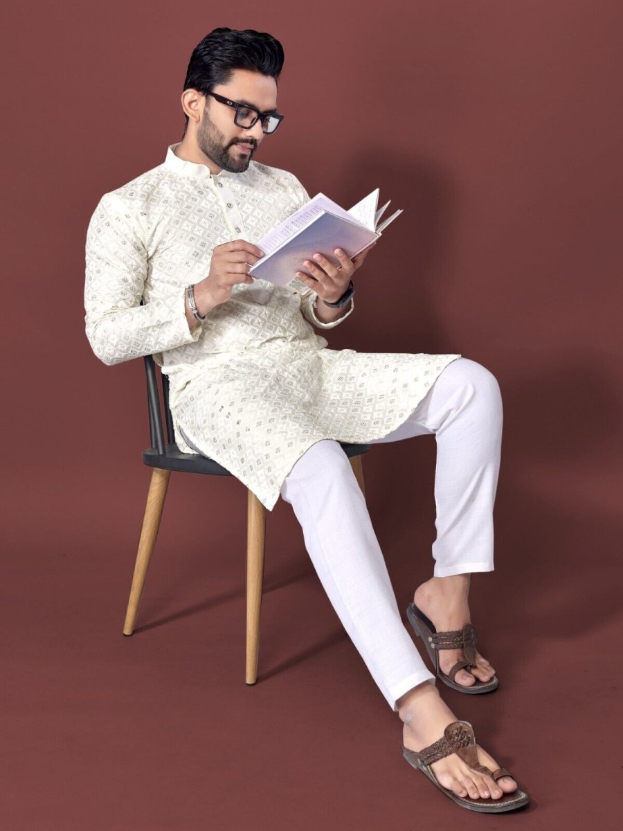 Mens Wedding Wear Designer Traditional Ethnic Wear Cotton Long Kurta Payjama - 001FASHIONFORWARD