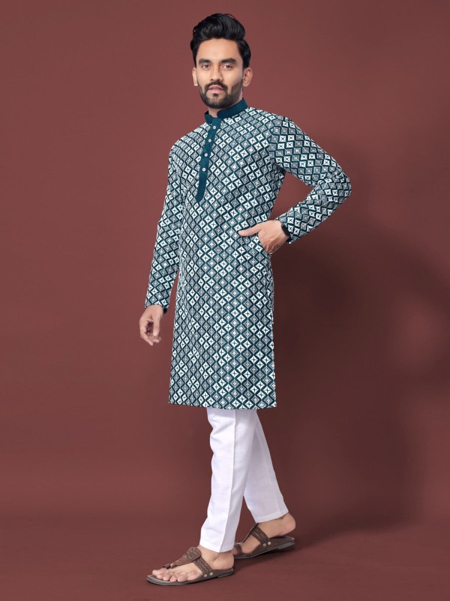 Mens Wedding Wear Designer Traditional Ethnic Wear Cotton Long Kurta Payjama - 001FASHIONFORWARD