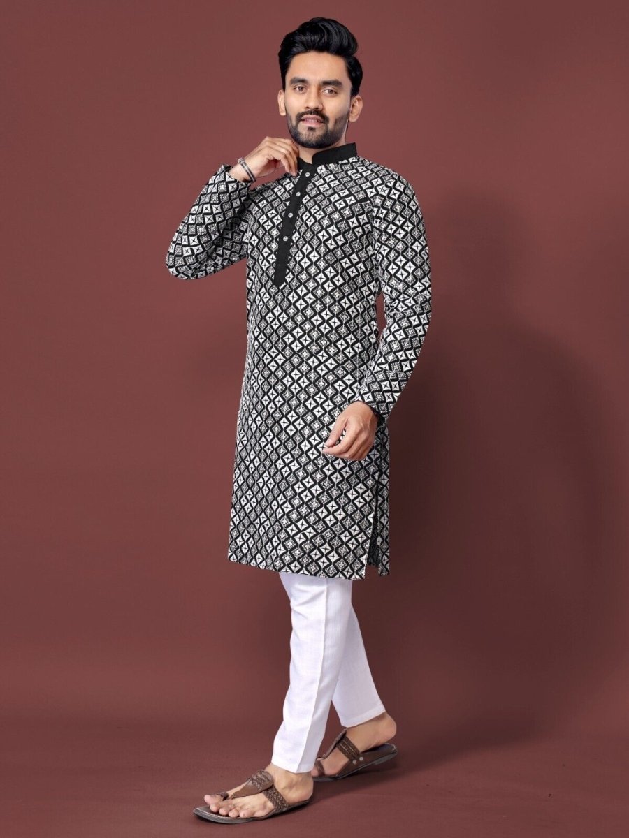 Mens Wedding Wear Designer Traditional Ethnic Wear Cotton Long Kurta Payjama - 001FASHIONFORWARD