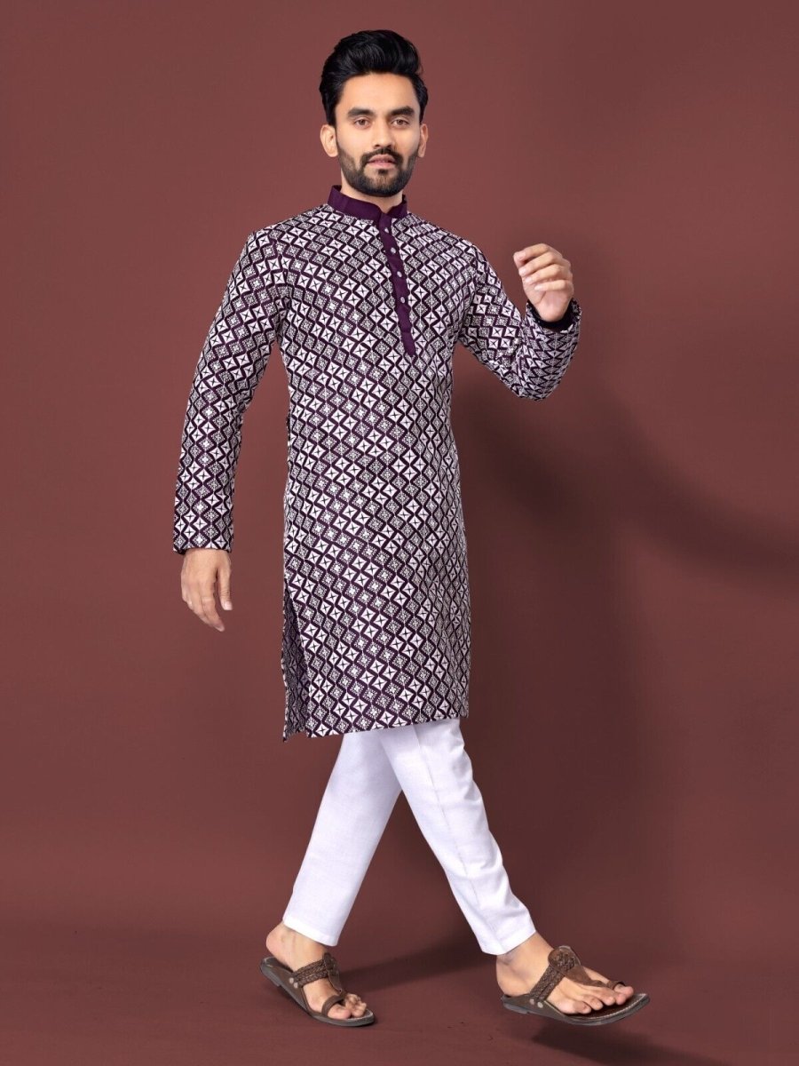 Mens Wedding Wear Designer Traditional Ethnic Wear Cotton Long Kurta Payjama - 001FASHIONFORWARD