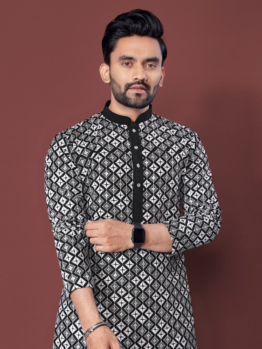 Mens Wedding Wear Designer Traditional Ethnic Wear Cotton Long Kurta Payjama - 001FASHIONFORWARD