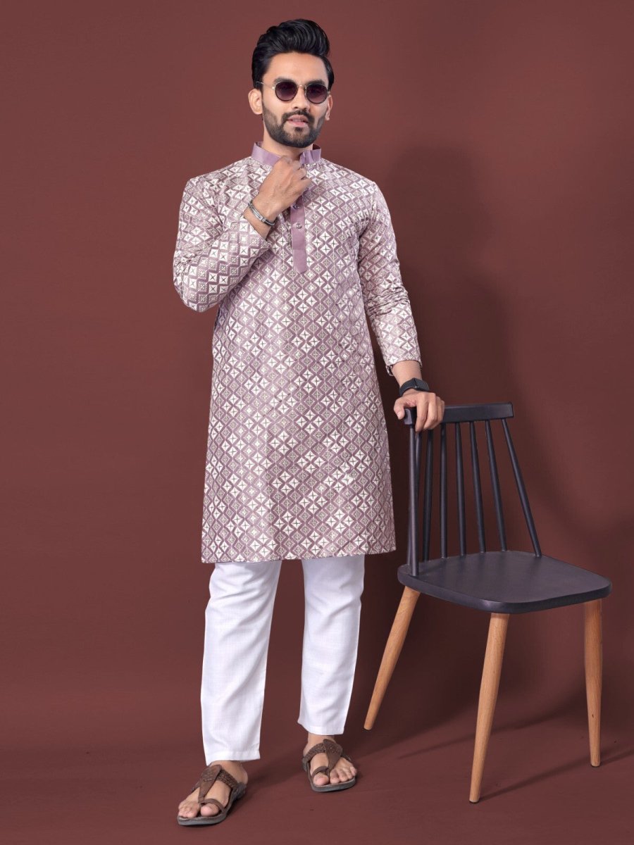 Mens Wedding Wear Designer Traditional Ethnic Wear Cotton Long Kurta Payjama - 001FASHIONFORWARD