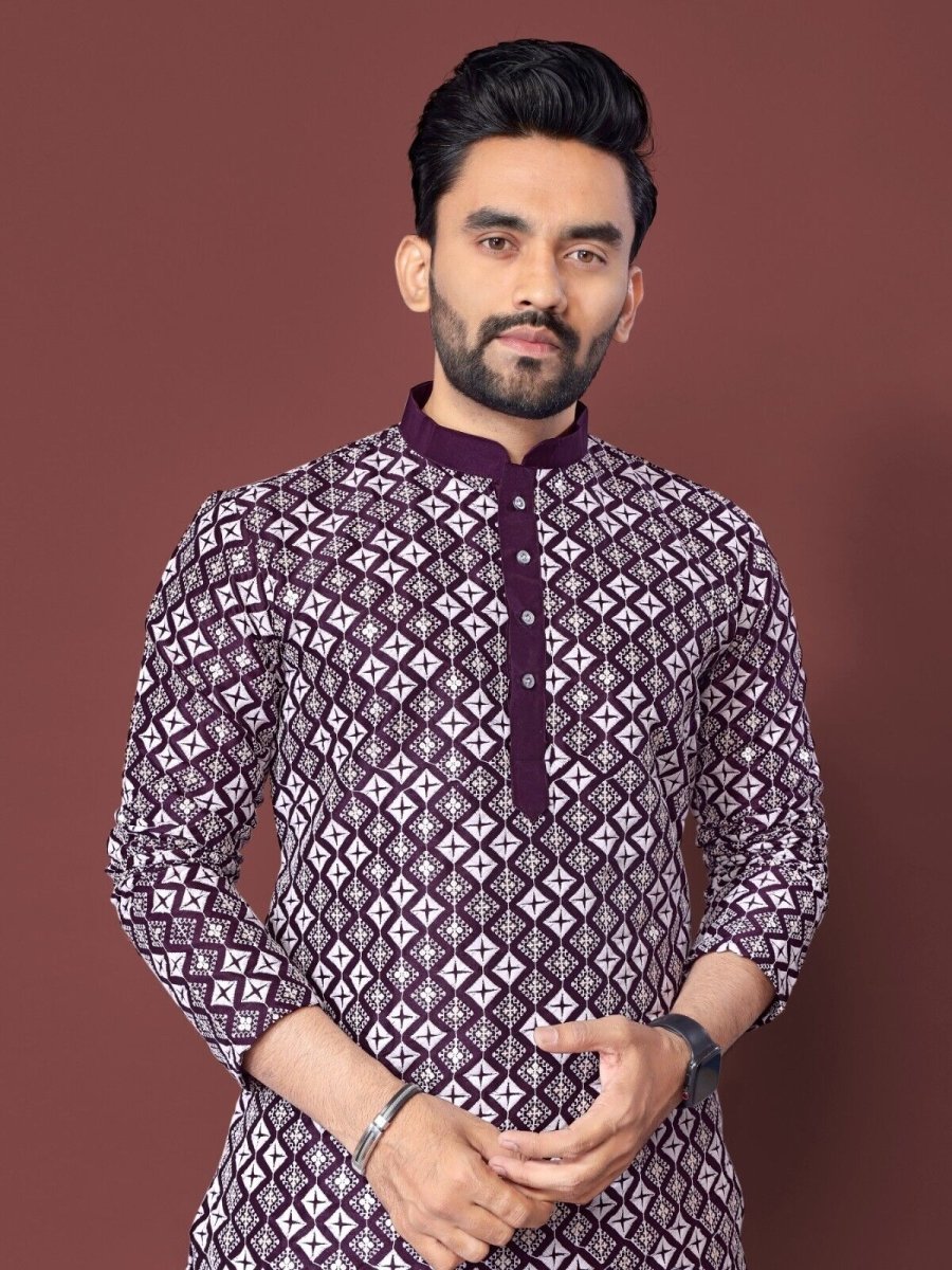 Mens Wedding Wear Designer Traditional Ethnic Wear Cotton Long Kurta Payjama - 001FASHIONFORWARD