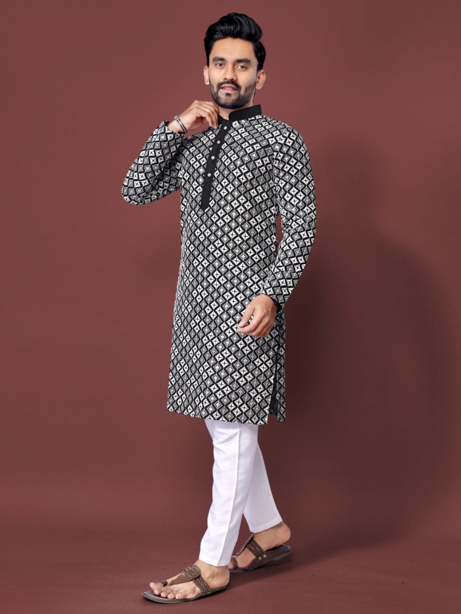 Mens Wedding Wear Designer Traditional Ethnic Wear Cotton Long Kurta Payjama - 001FASHIONFORWARD