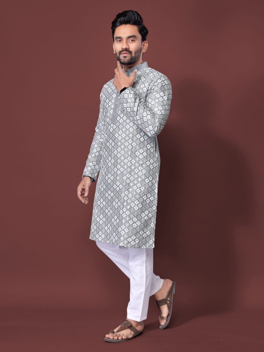 Mens Wedding Wear Designer Traditional Ethnic Wear Cotton Long Kurta Payjama - 001FASHIONFORWARD