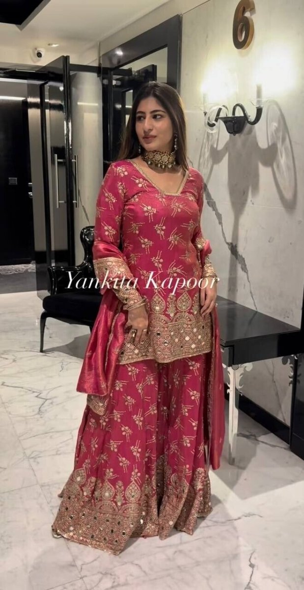 New Georgette Salwar Kameez Pakistani Wedding Party Wear Sharara Suit Style - 001FASHIONFORWARD
