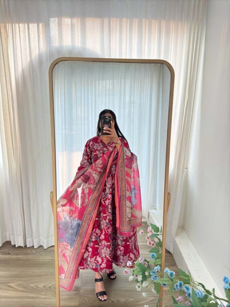 New indian Organza Taby Silk Anarkali Gown Print & Handwork - Ready to Wear - 001FASHIONFORWARD