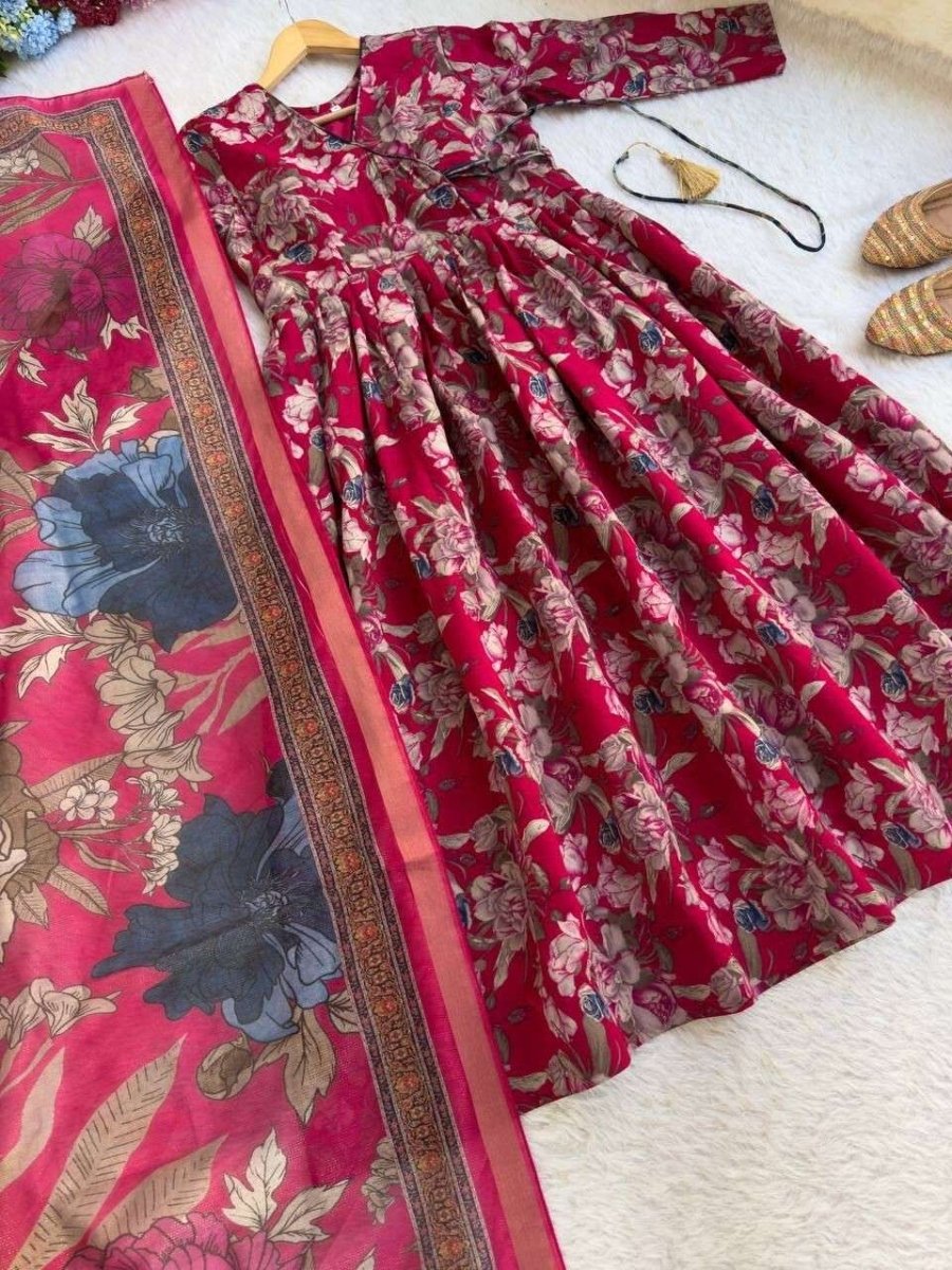 New indian Organza Taby Silk Anarkali Gown Print & Handwork - Ready to Wear - 001FASHIONFORWARD