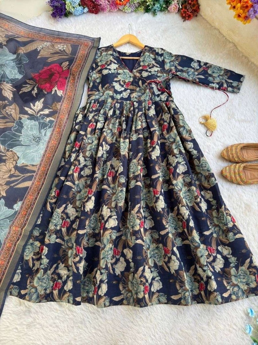 New indian Organza Taby Silk Anarkali Gown Print & Handwork - Ready to Wear - 001FASHIONFORWARD