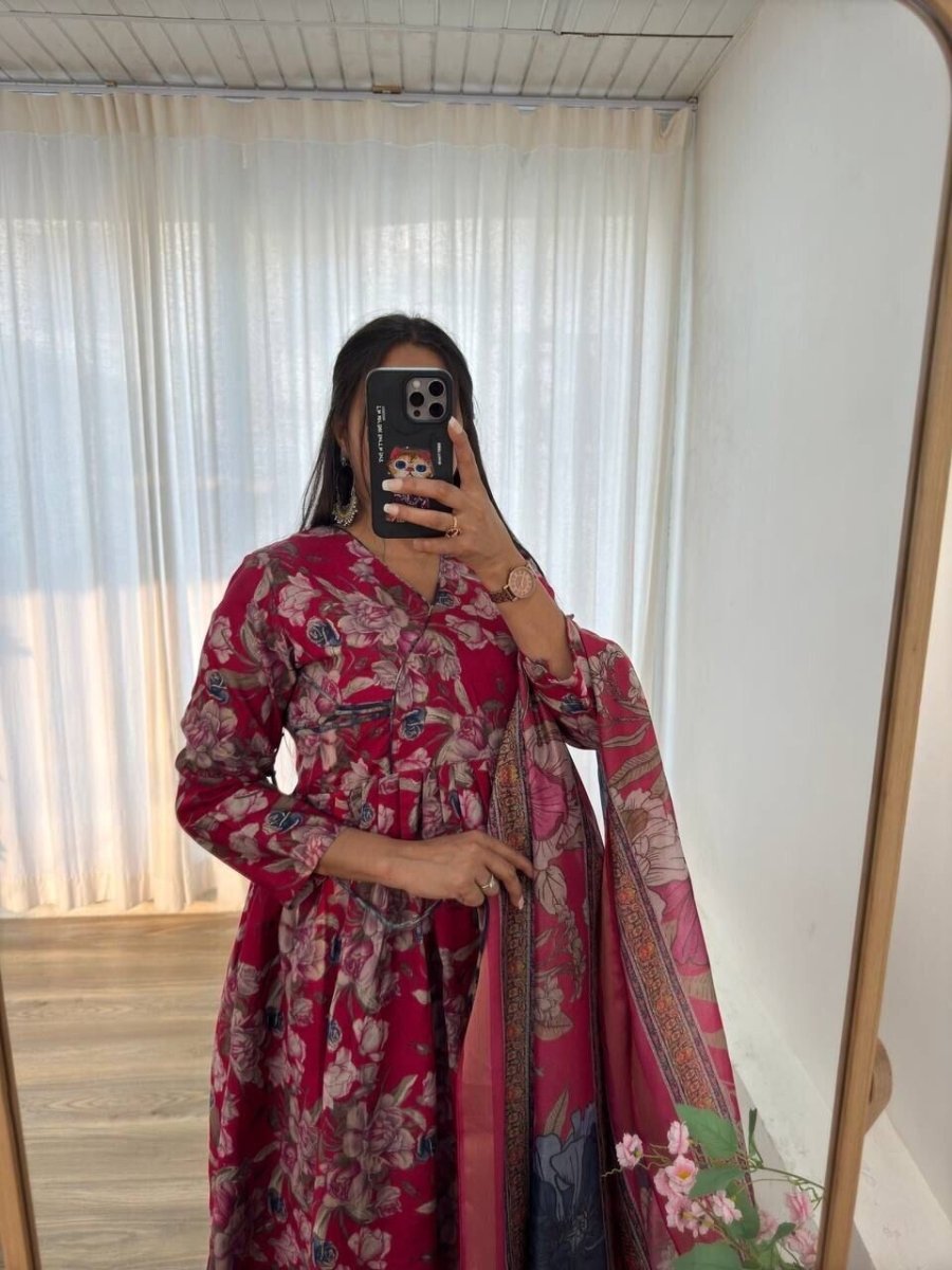 New indian Organza Taby Silk Anarkali Gown Print & Handwork - Ready to Wear - 001FASHIONFORWARD