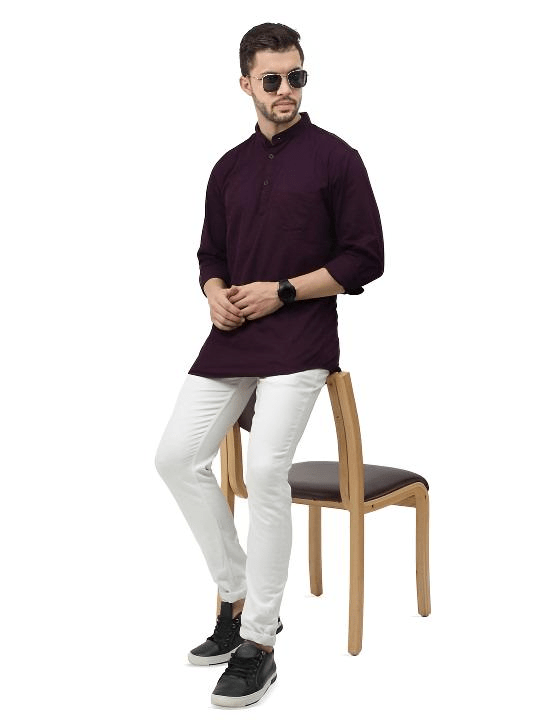 New Men’s Indian Shirt 100% Cotton Traditional Tunic Solid Short Kurta Big Tall - 001FASHIONFORWARD